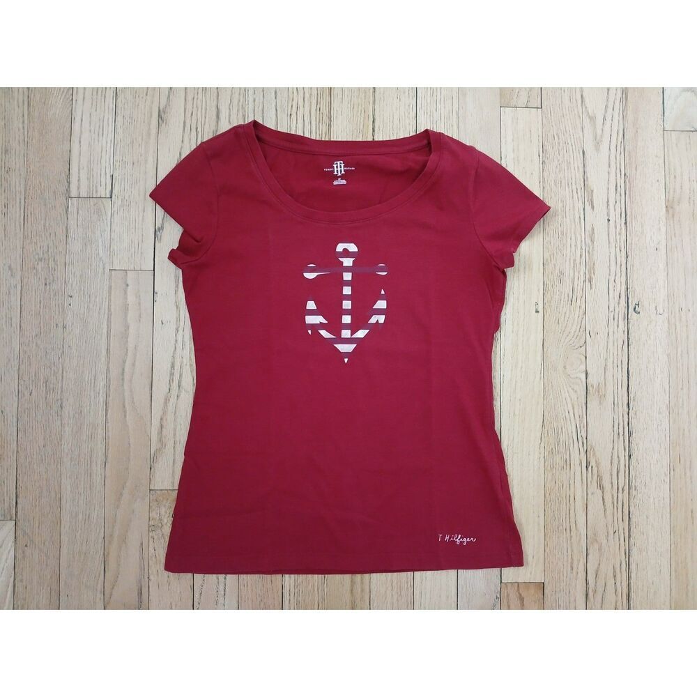 Tommy Hilfiger Sailor Anchor Beachy Nautical Short Sleeve Red Top Women's Small